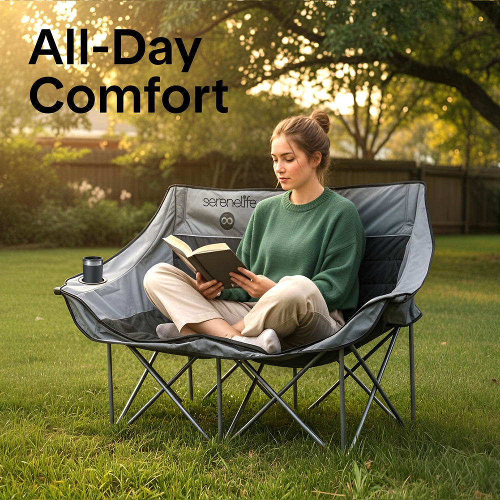 SereneLife camping loveseat outdoors on uneven ground with stable frame