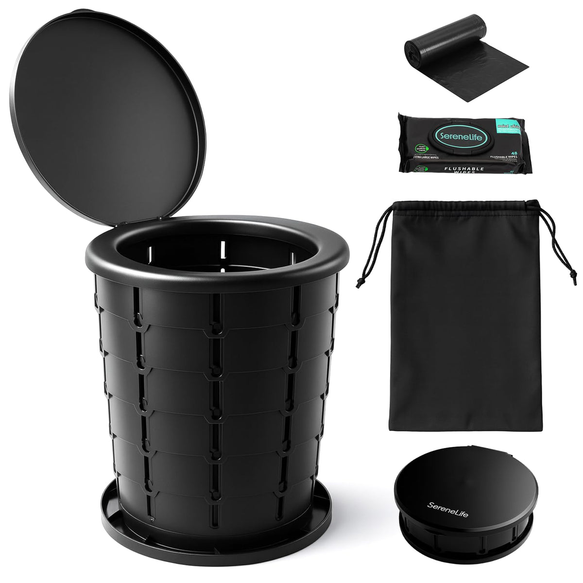 SereneLife foldable camping toilet seat in compact flat-pack for easy car storage.
