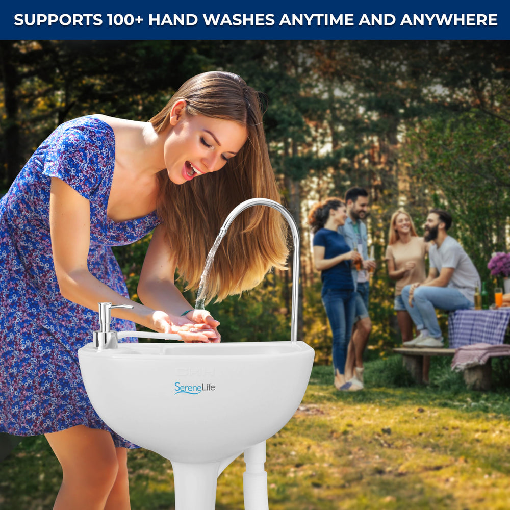 SereneLife foot-pump-action delivering hands-free water for hygiene.