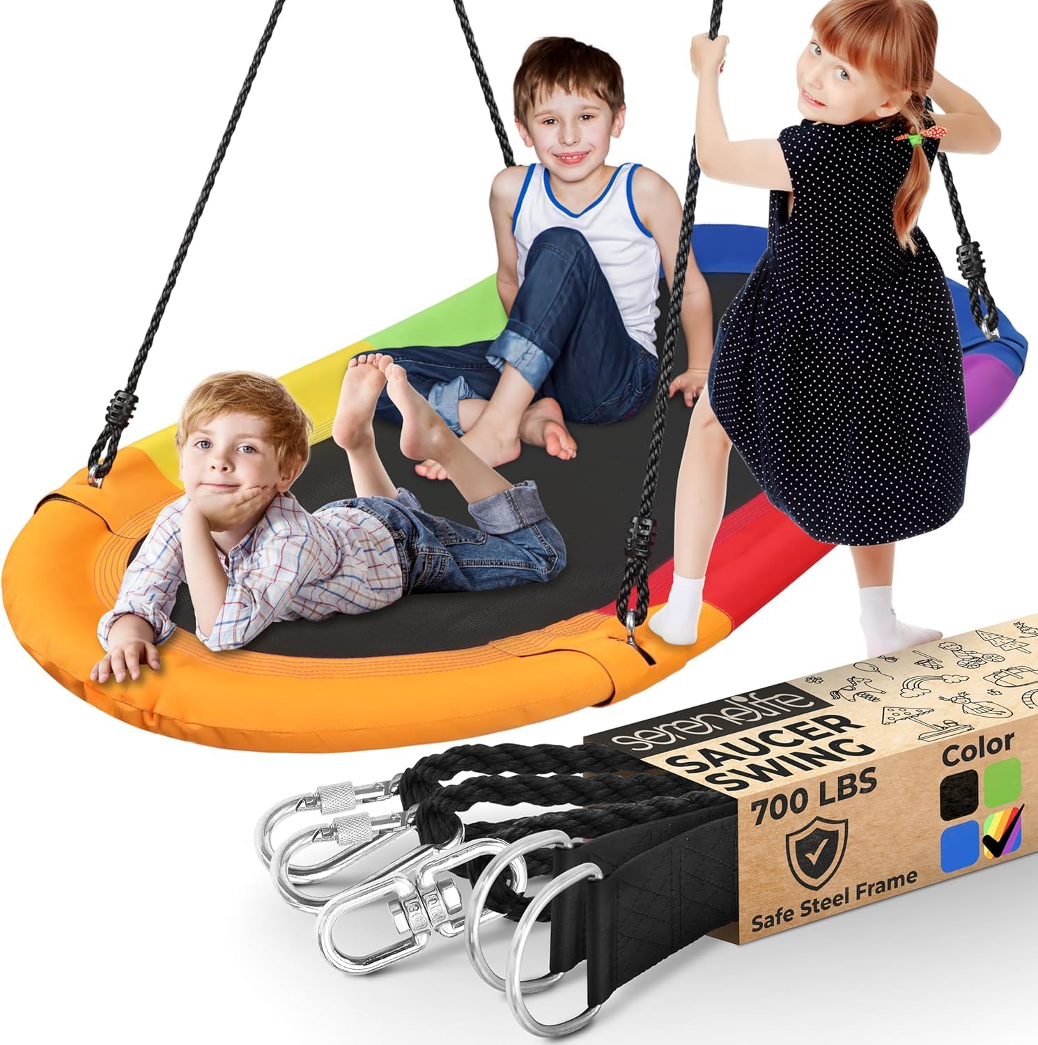 SereneLife giant platform oval swing with rainbow design offering spacious seating for multiple kids.