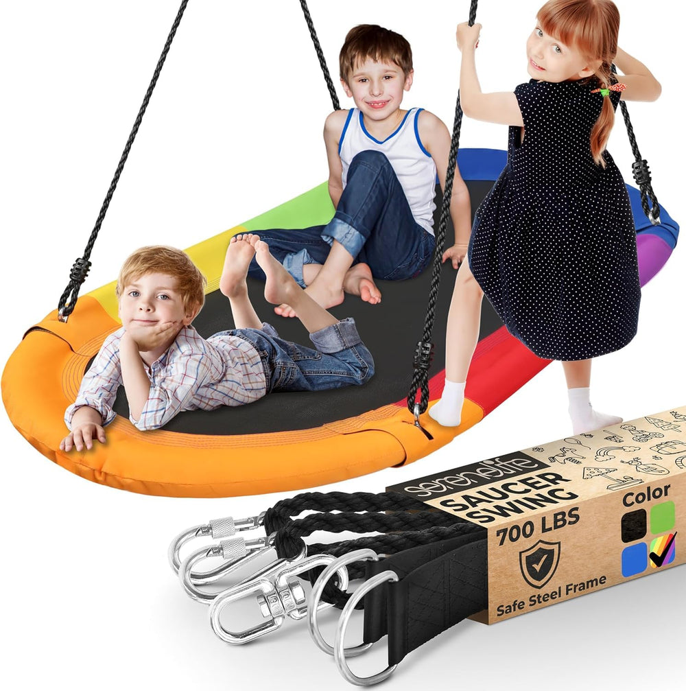 SereneLife giant platform oval swing with rainbow design offering spacious seating for multiple kids.
