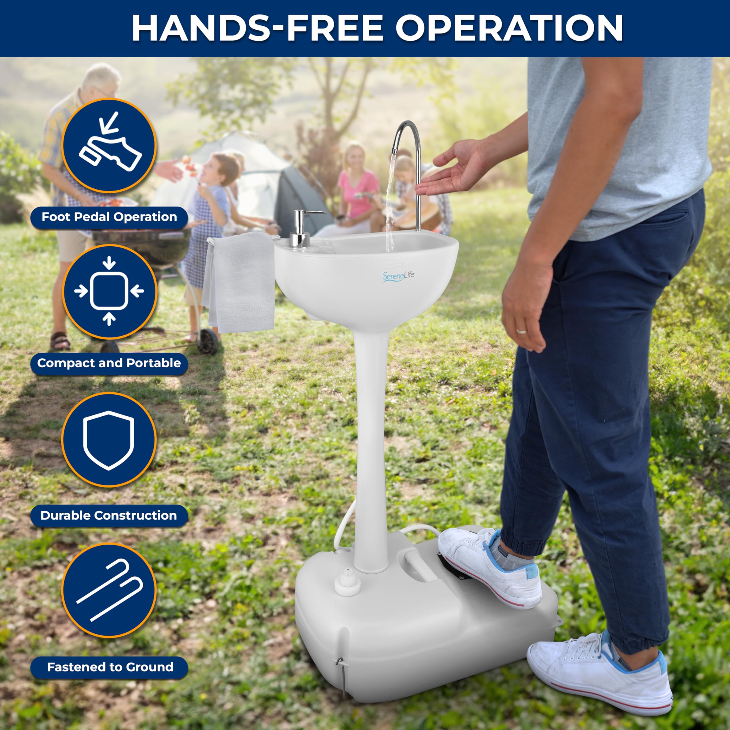 SereneLife integrated-soap-dispenser keeps soap handy outdoors.