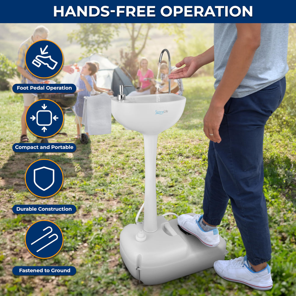 SereneLife integrated-soap-dispenser keeps soap handy outdoors.
