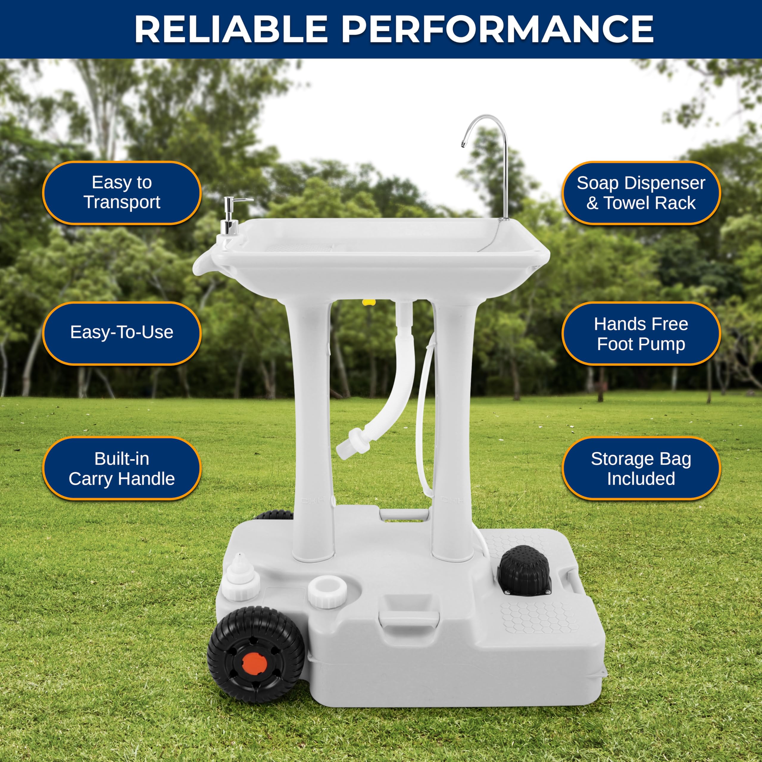 Flexible drain hose on SereneLife sink simplifies wastewater management in outdoor setups.