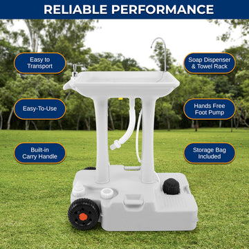 Flexible drain hose on SereneLife sink simplifies wastewater management in outdoor setups.