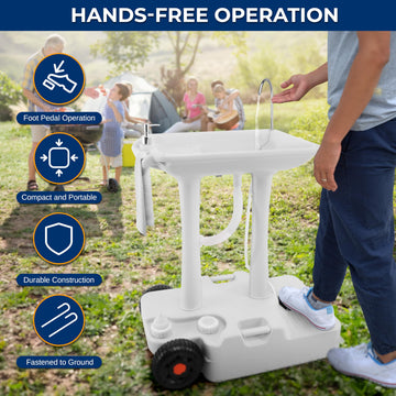 Rugged wheels and foldable handle on SereneLife sink enable easy transport between camps and worksites.