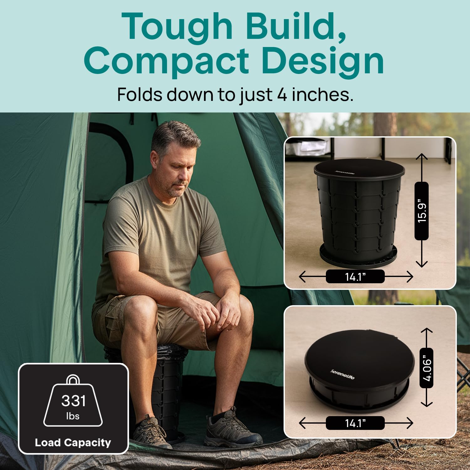 SereneLife portable toilet uses locking buckles for secure setup during trips.