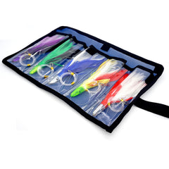 Close-up of lures showing 6/0 hooks and 150LB mono leader