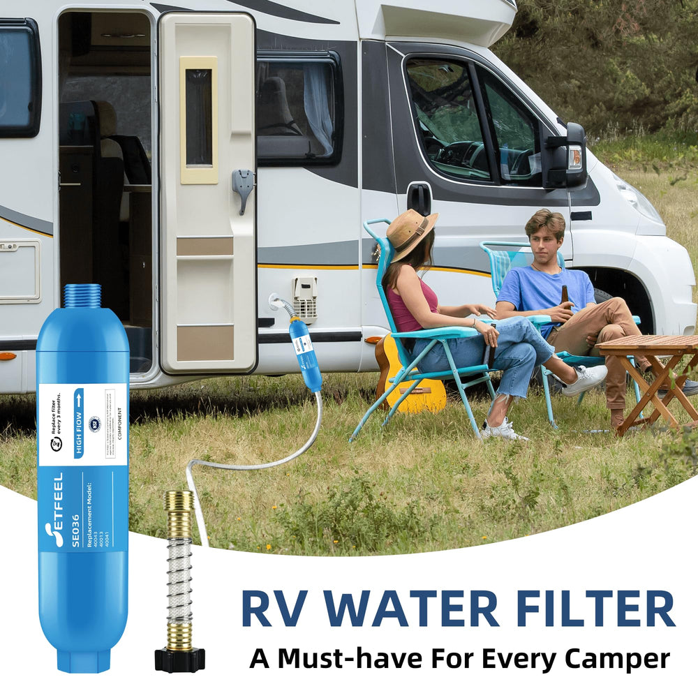 SETFEEL RV inline water filter in use on a camping hose for clean tasting water.