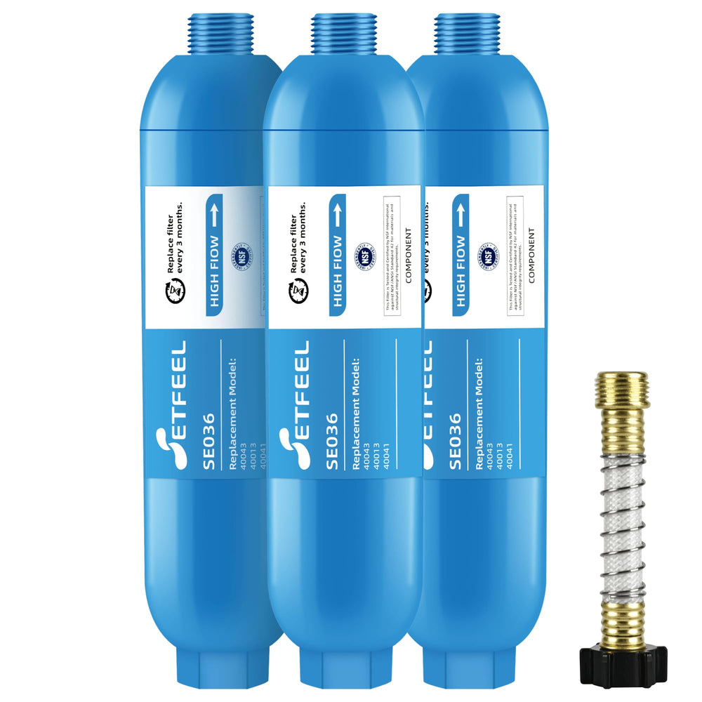 SETFEEL RV inline water filter packaging with NSF certification and 3-pack convenience.