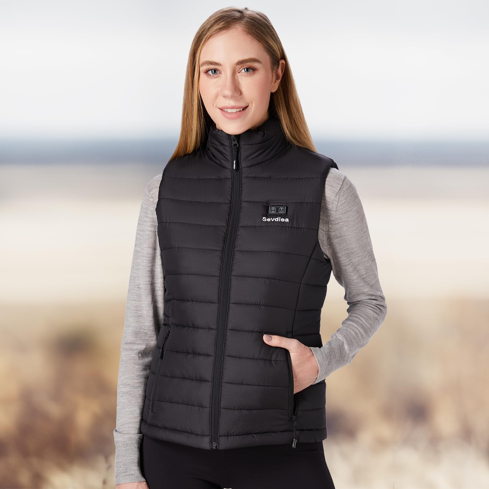 Sevdiea heated vest back view highlighting back heating zone for full upper-body warmth