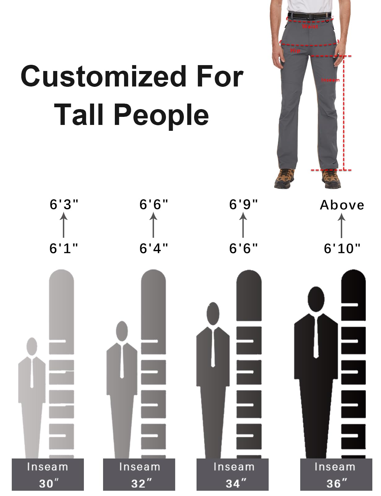 SEVEGO hiking pants inseam length tag highlights tall sizes
