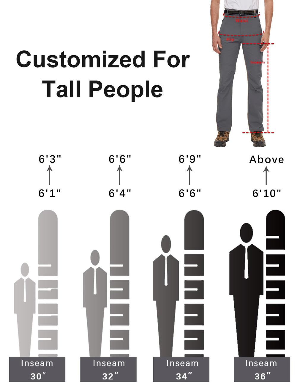 SEVEGO hiking pants inseam length tag highlights tall sizes