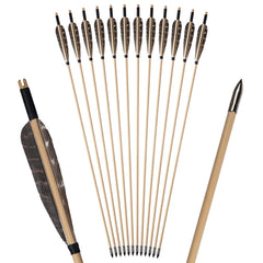 S F 12Pcs wooden arrow with natural feathers enhances flight stability for traditional bows.