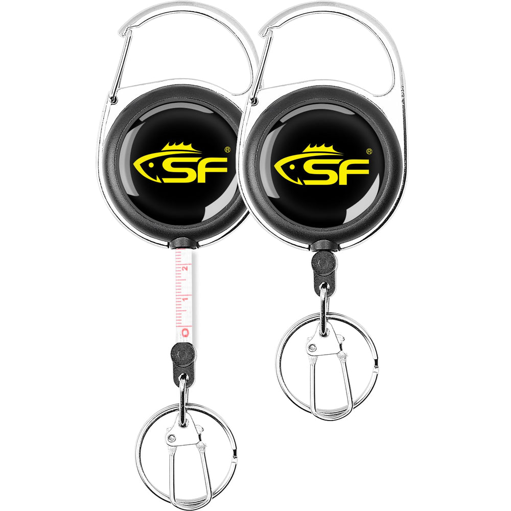 SF 2Pcs Fly Fishing Zinger Retractor in black case with measuring tape – front view