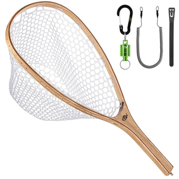 SF Fly Fishing Landing Net handle close-up shows sturdy wooden grip