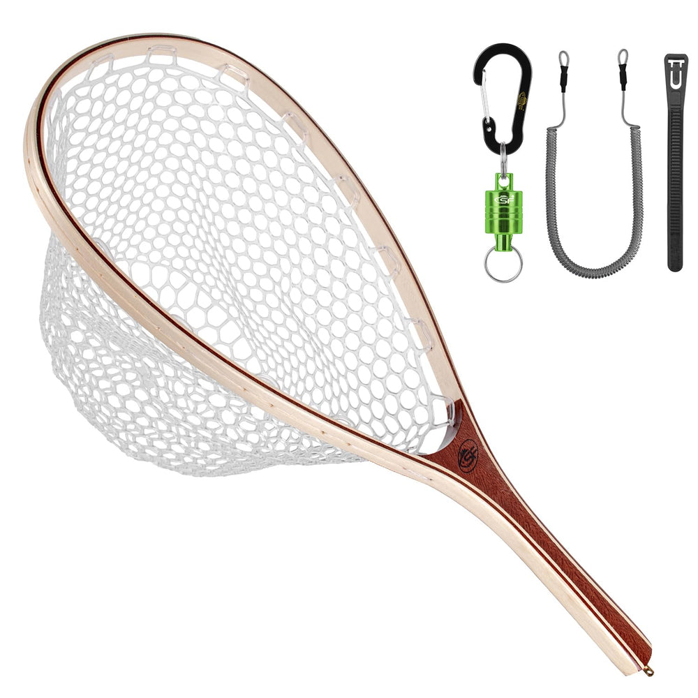 SF fly fishing landing net with soft rubberized net reduces fish damage during release