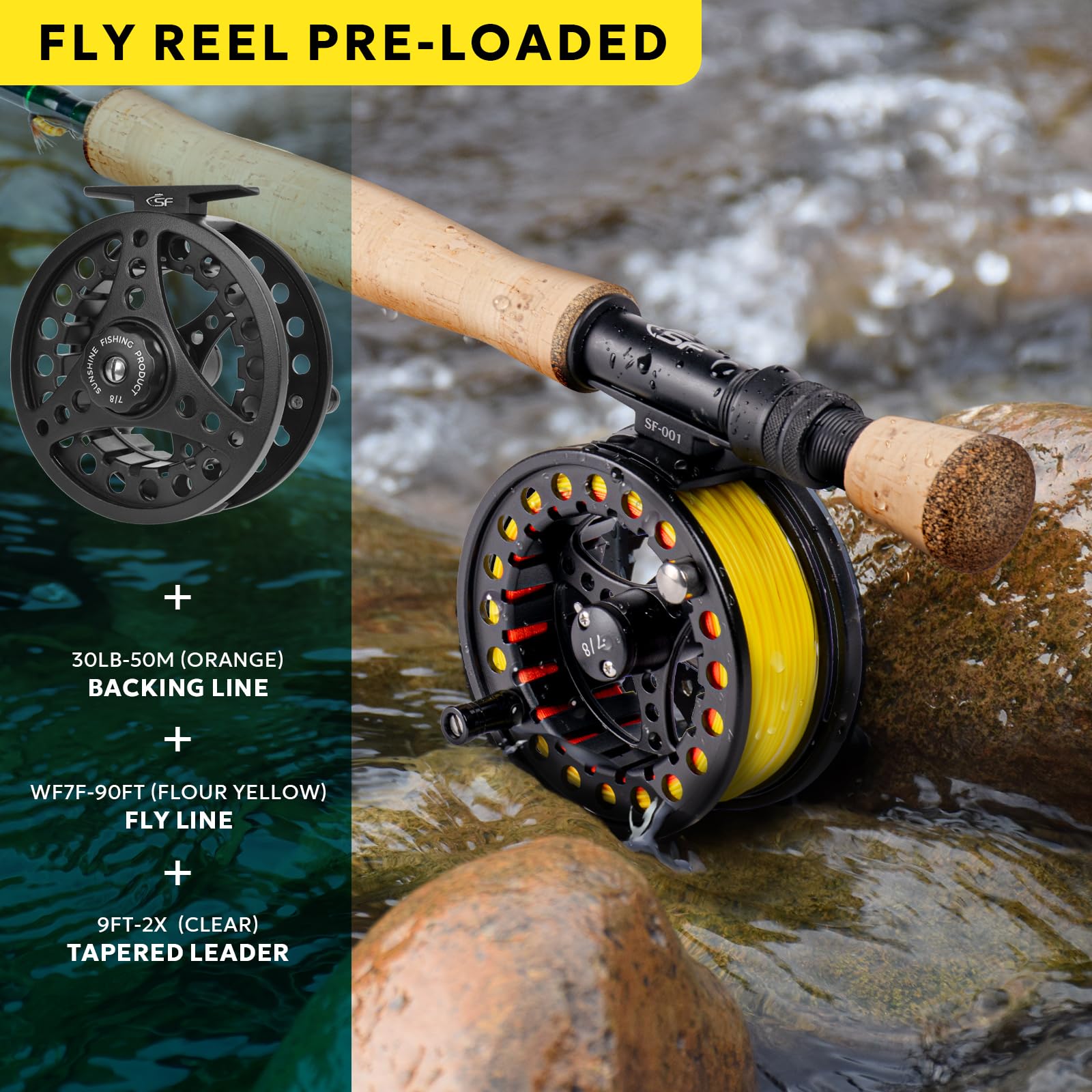 SF cork handle close-up shows comfortable grip for long casting sessions
