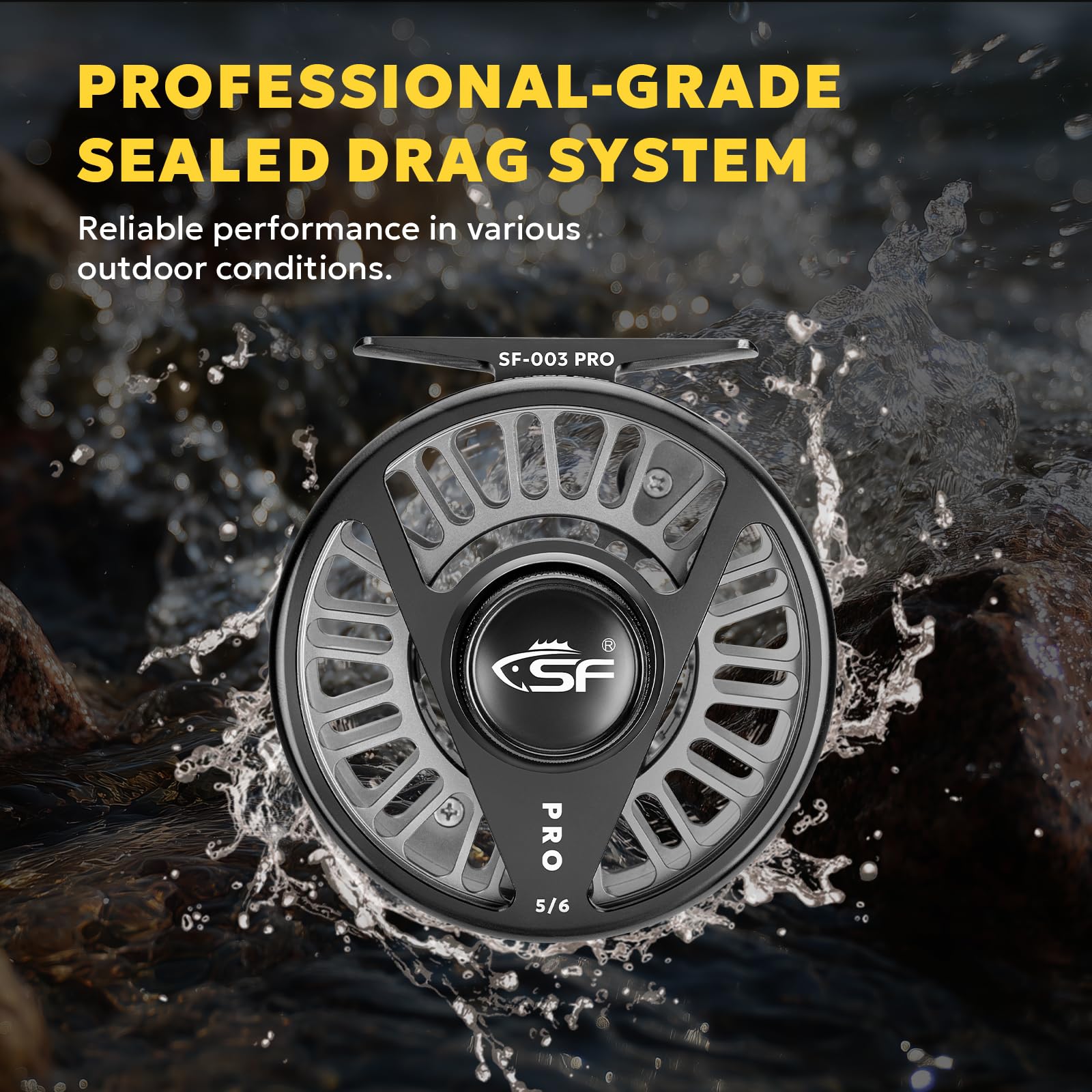 SF SF-003 Pro reel lightweight aluminum body minimizes fatigue.