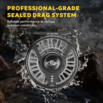 SF SF-003 Pro reel lightweight aluminum body minimizes fatigue.