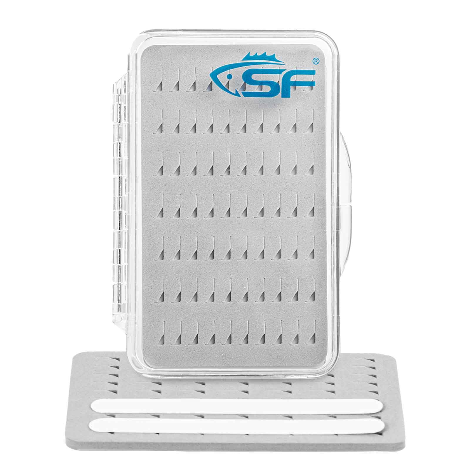 SF Slim Fishing Fly Box – transparent plastic box with small midges inside