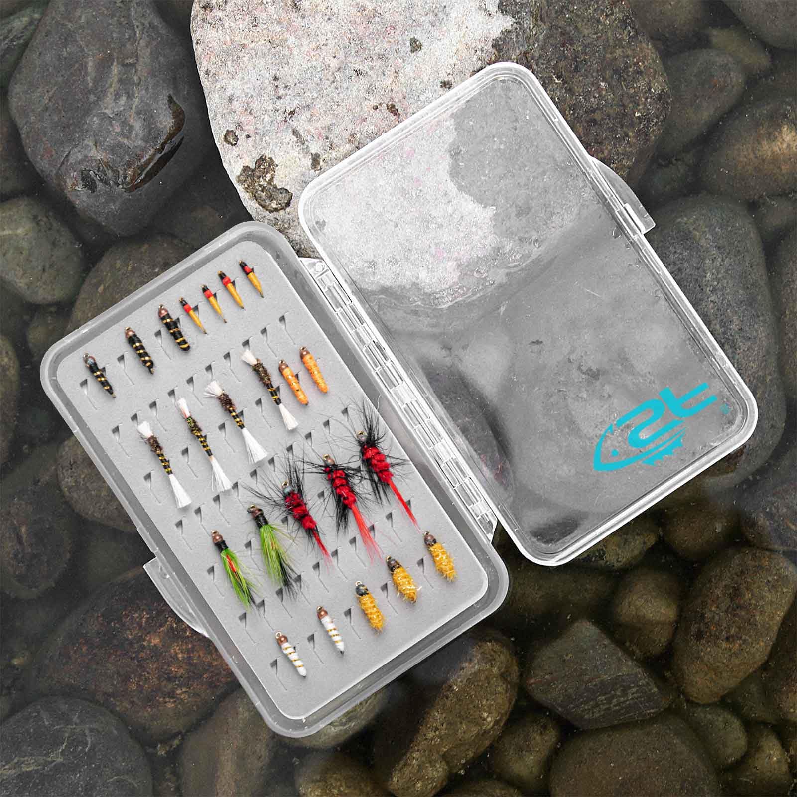 Open slim fly box showing organized small nymphs and replaceable foam