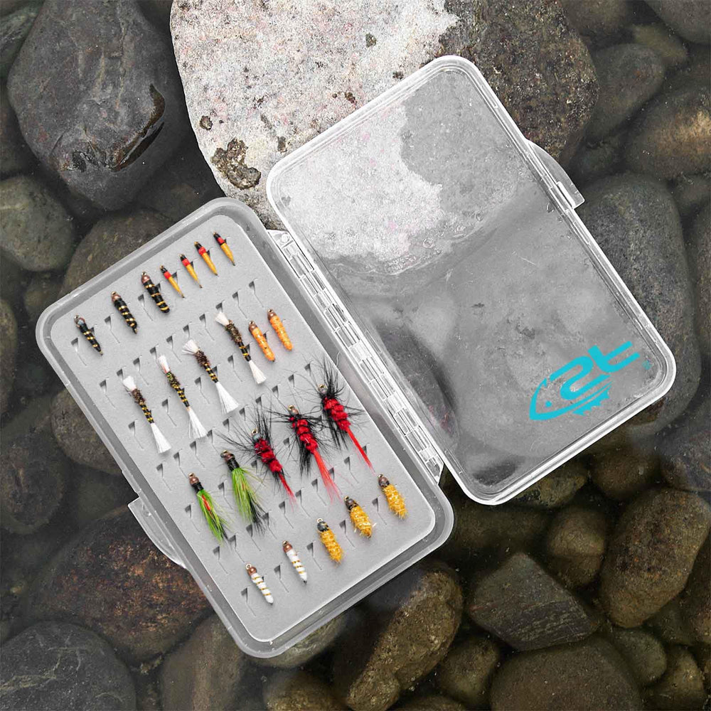 Open slim fly box showing organized small nymphs and replaceable foam