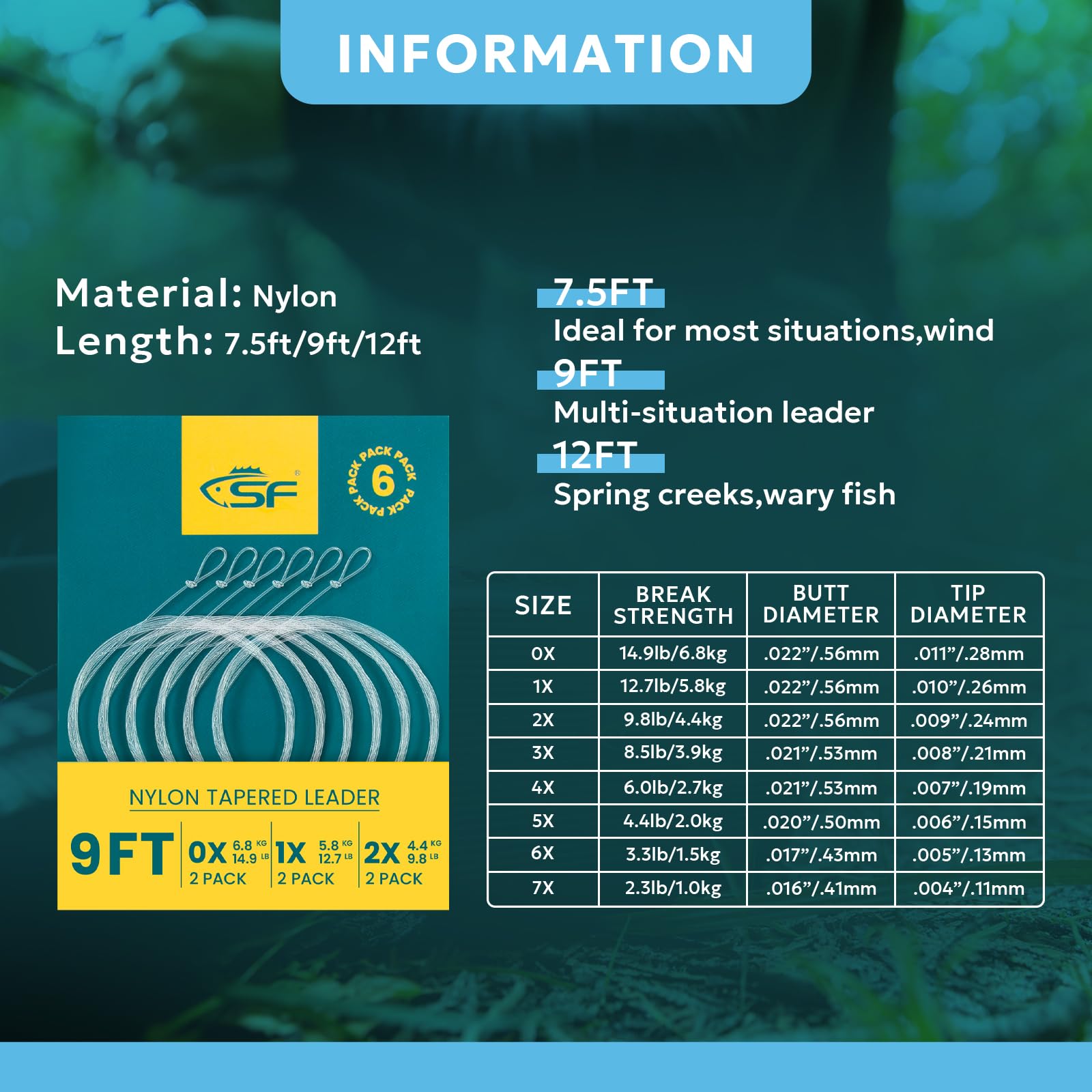 SF nylon tippet 30m 0X-2X ready for varied tippet sizes and setups