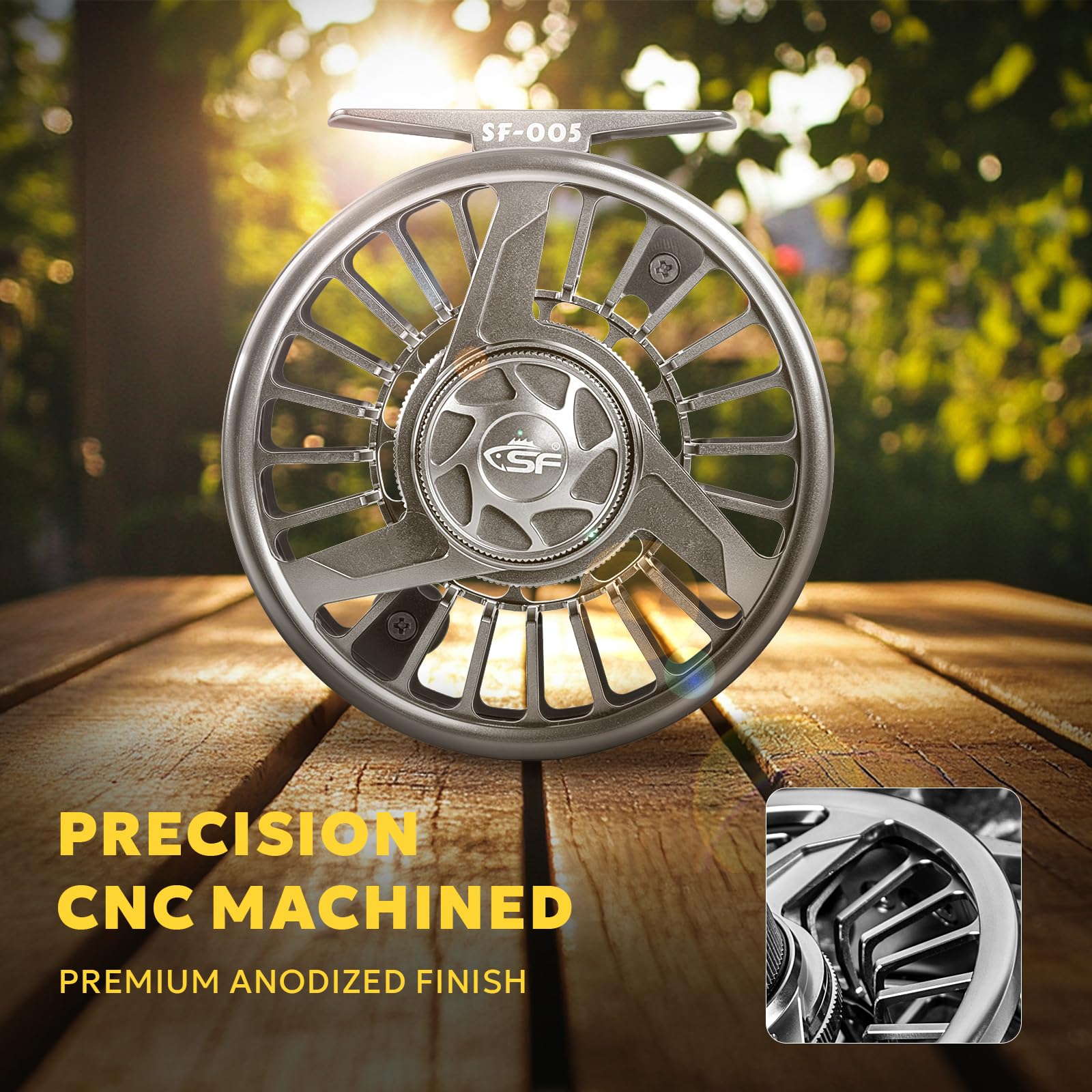 SF005 reel weighs 122-154g for easy handling across sizes.