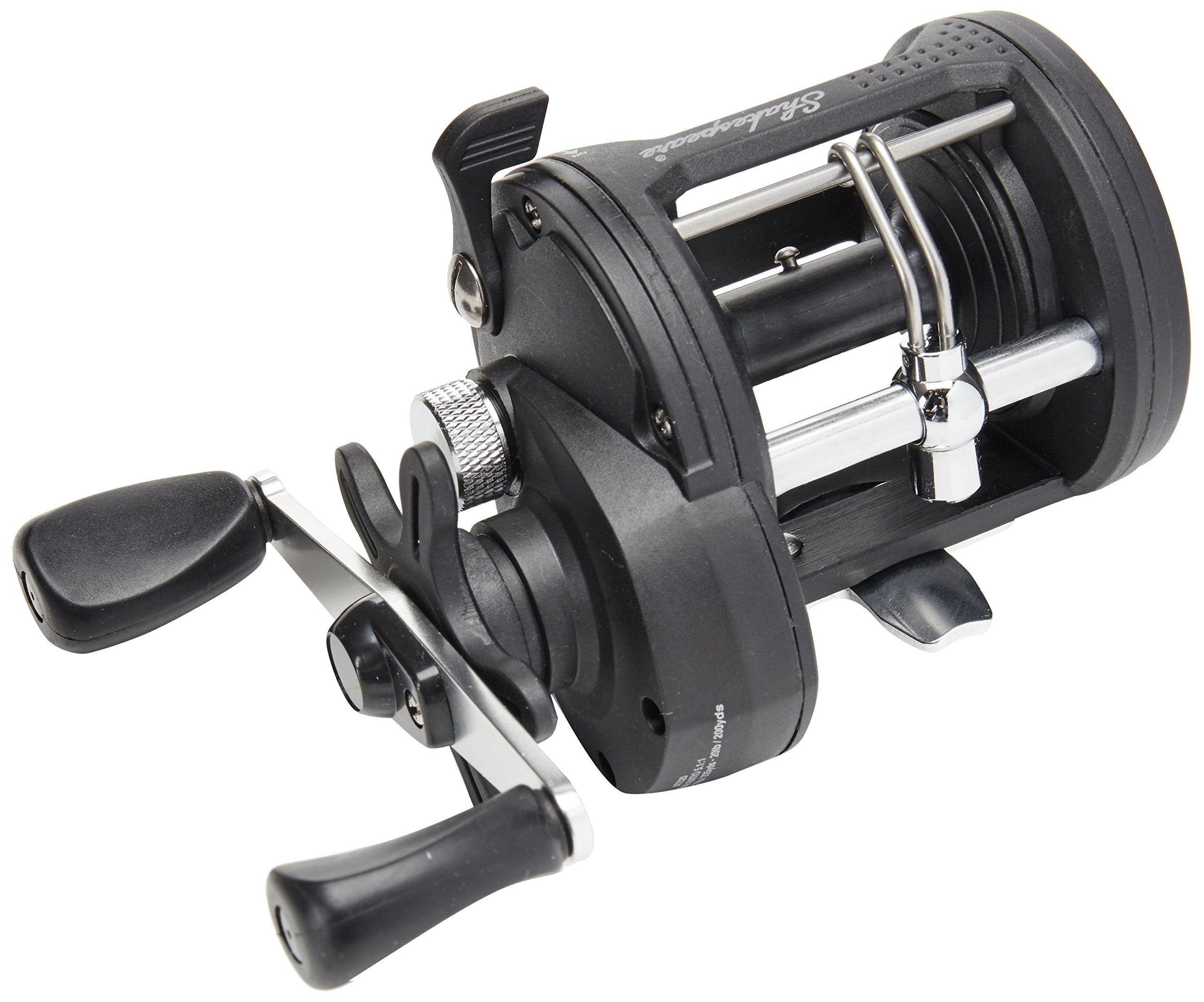 Shakespeare ATS conventional trolling reel right handle side view, graphite build for saltwater reliability.