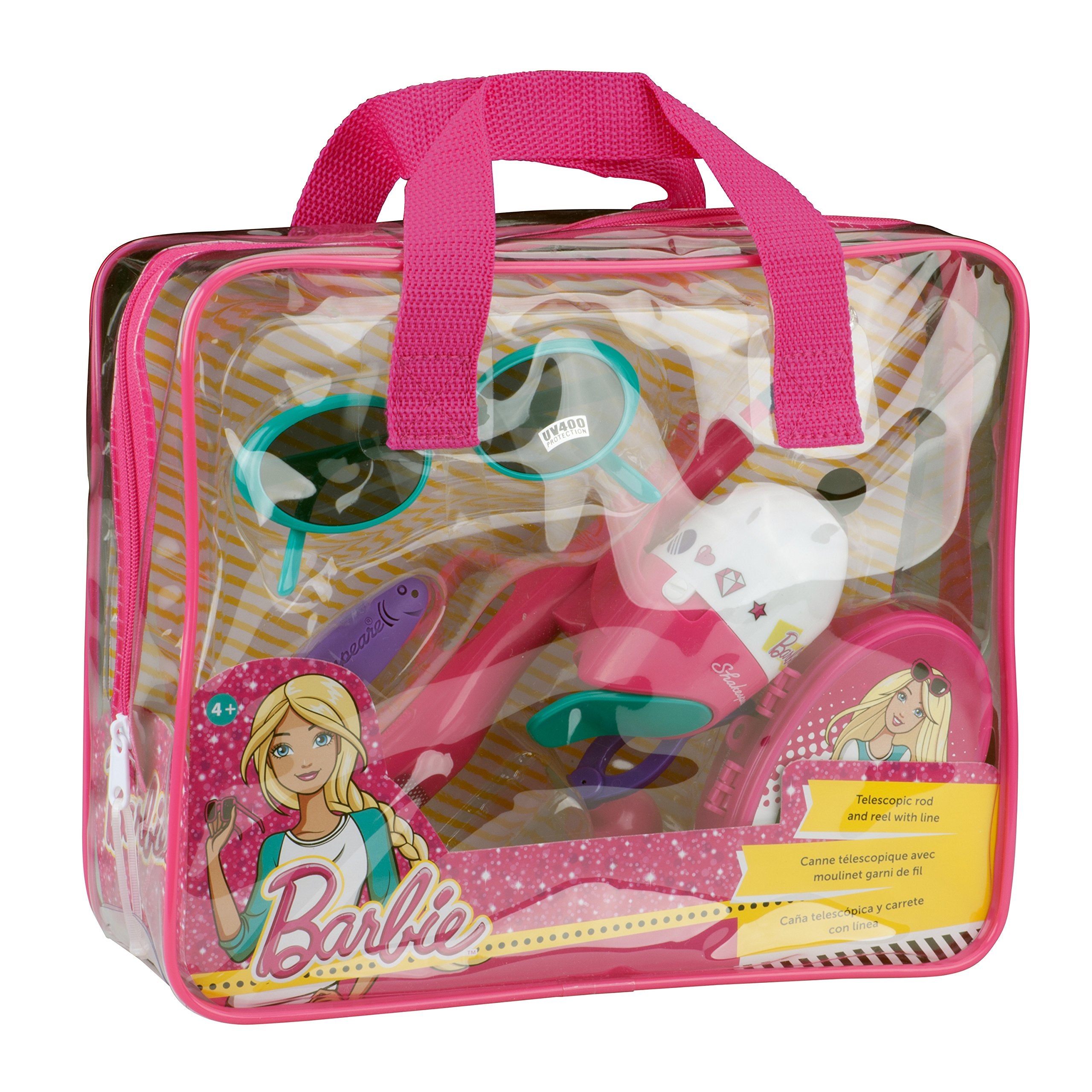 Shakespeare Barbie purse fishing kit shows rod and reel ready for quick, kid-friendly play