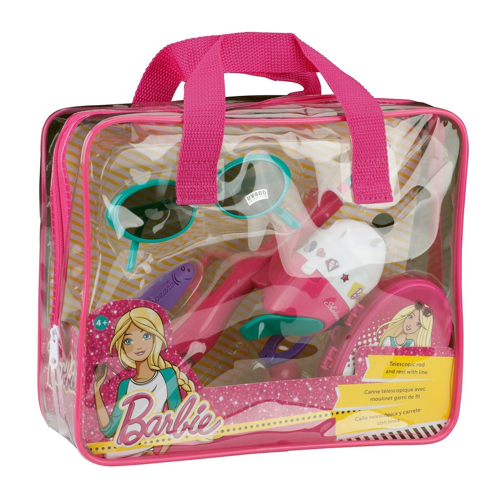 Shakespeare Barbie purse fishing kit shows rod and reel ready for quick, kid-friendly play