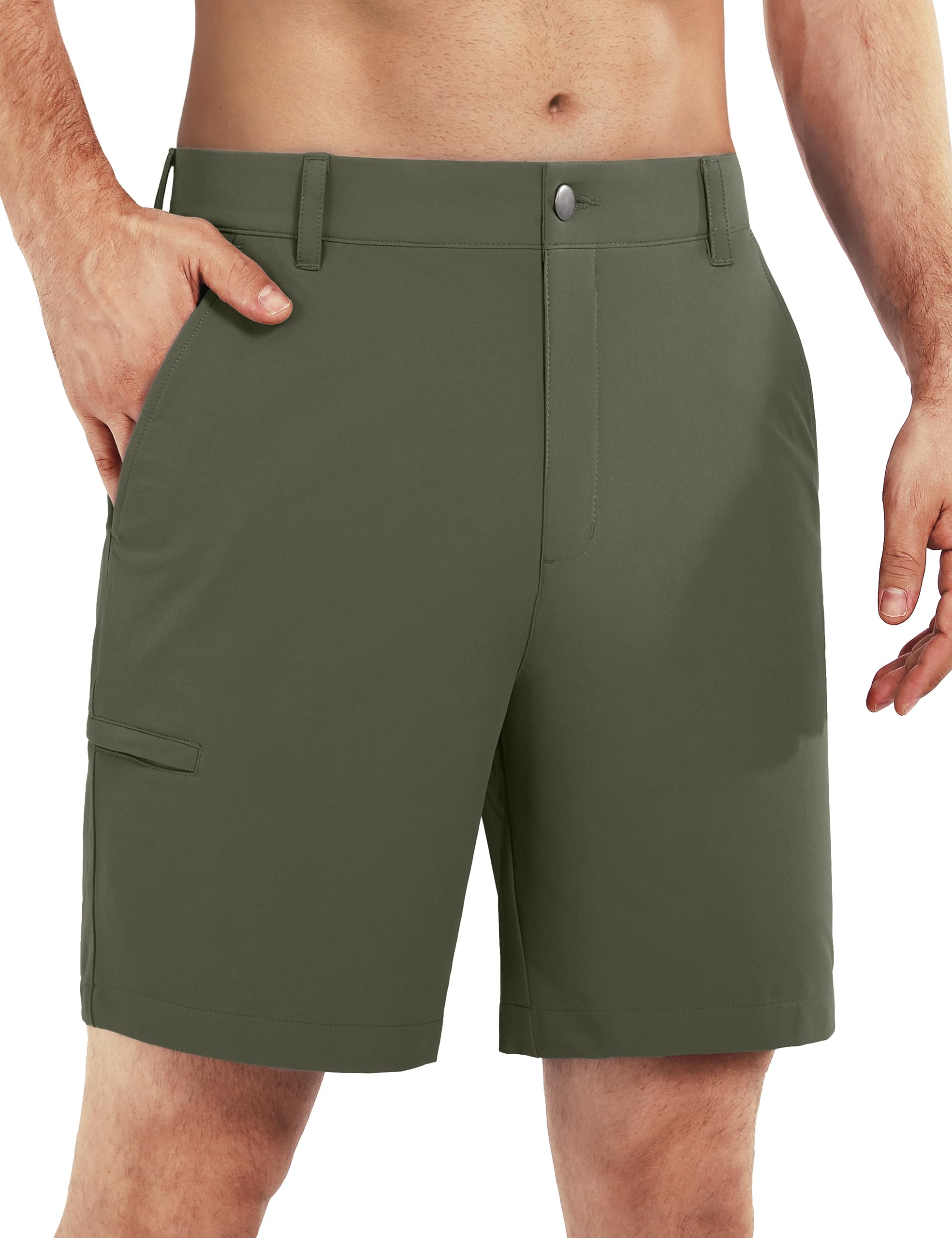 Shallowlulu olive green golf shorts shown with 4-way stretch for on-course movement.