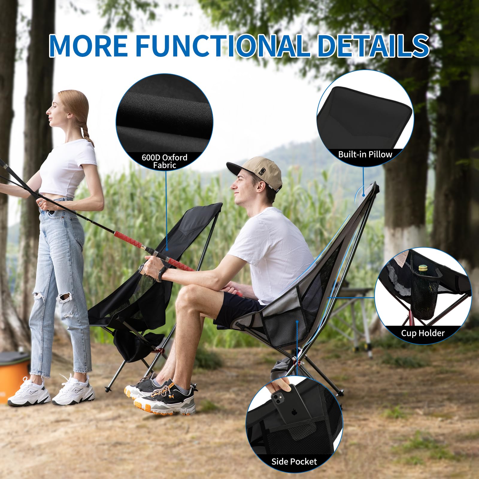 Shallwe camping chair dual-side-pockets showcase convenient storage for water bottle and phone.