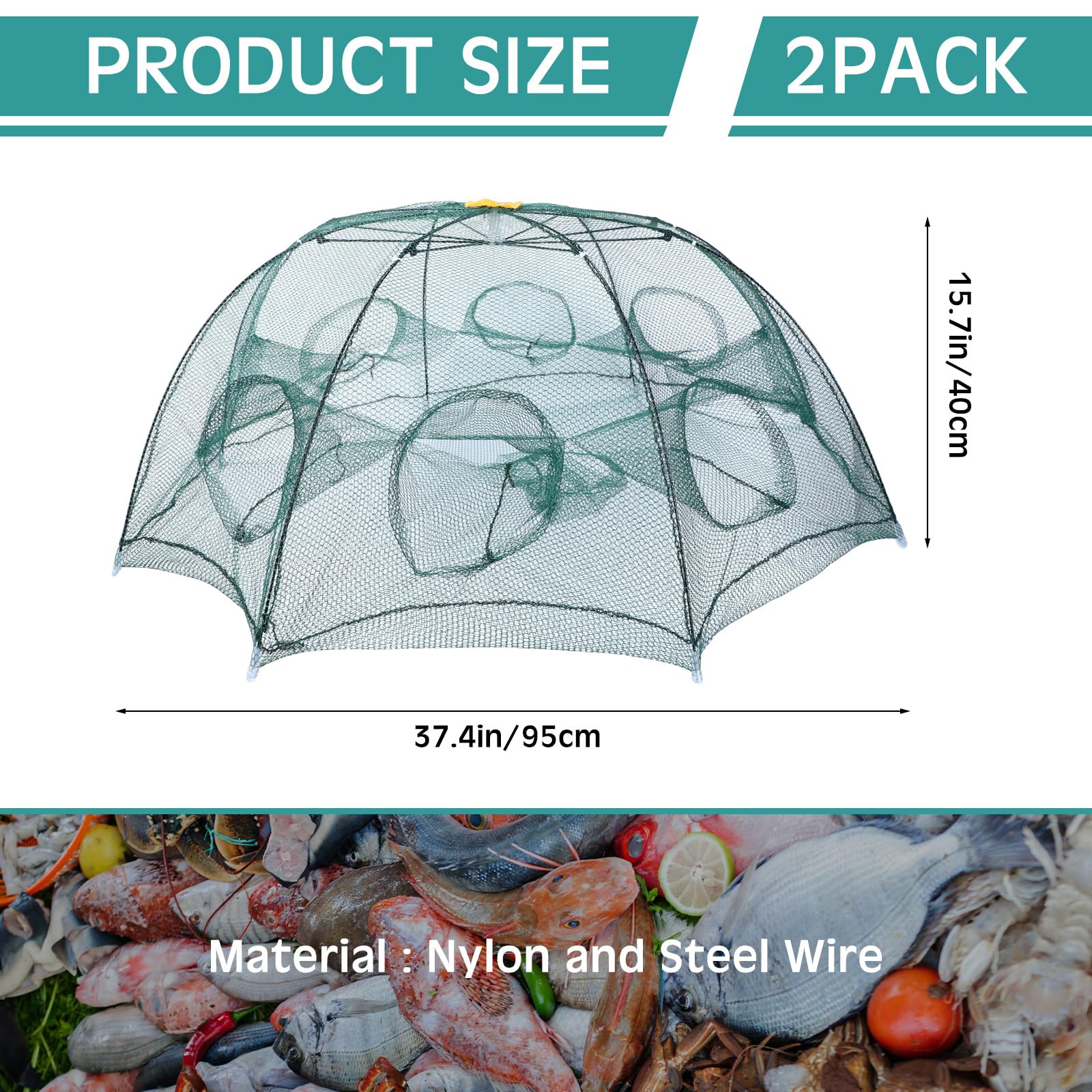 Green foldable crawfish trap in open position showing 8 holes