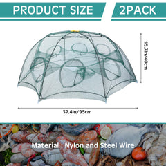 Green foldable crawfish trap in open position showing 8 holes