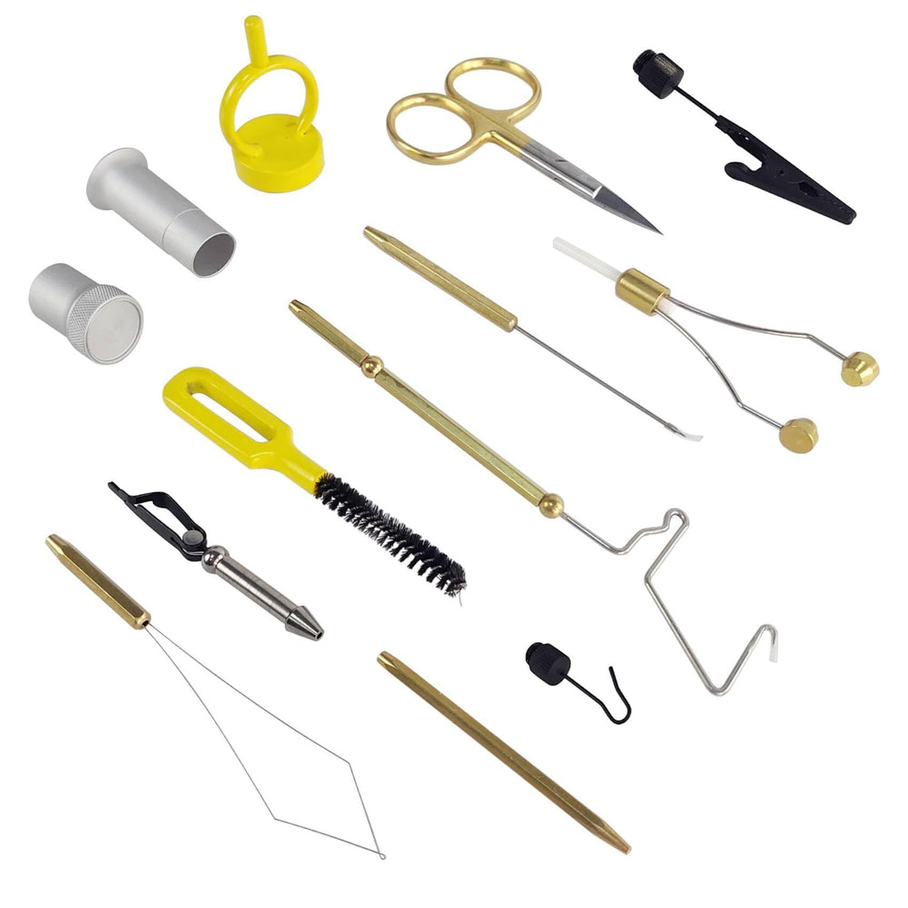 Shark Shooter 10-in-1 fly tying tool kit components laid out