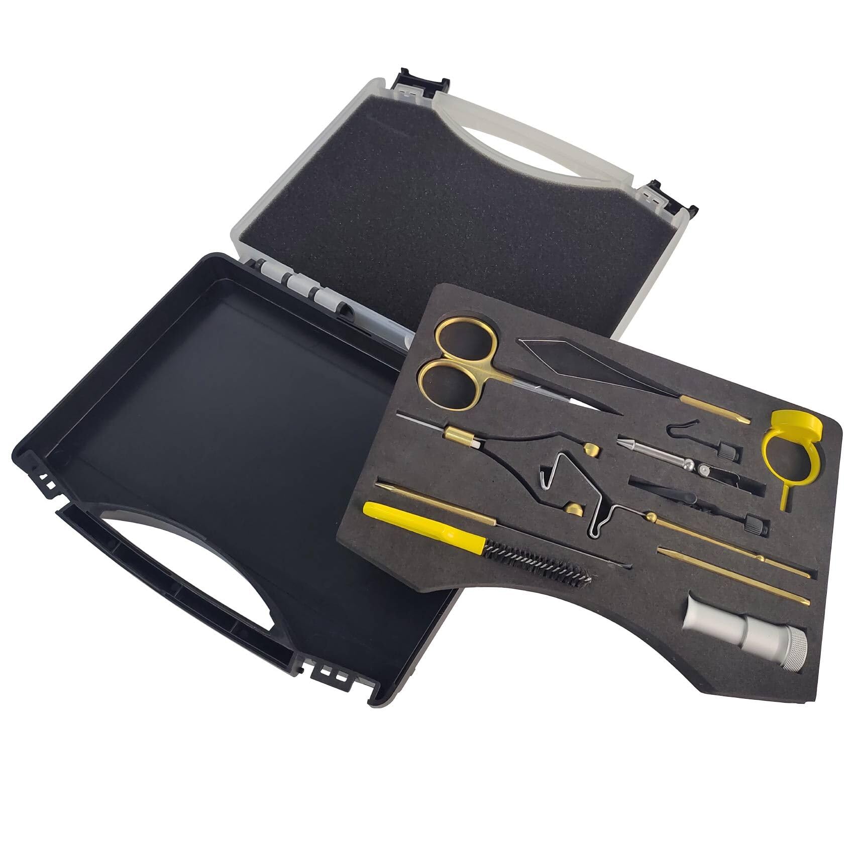 Stainless steel tools including hackle pliers and scissors in storage case