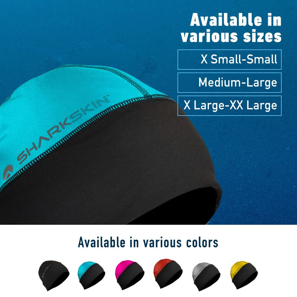Sharkskin Chillproof Beanie blue on-head image shows 4-way stretch and easy layering.