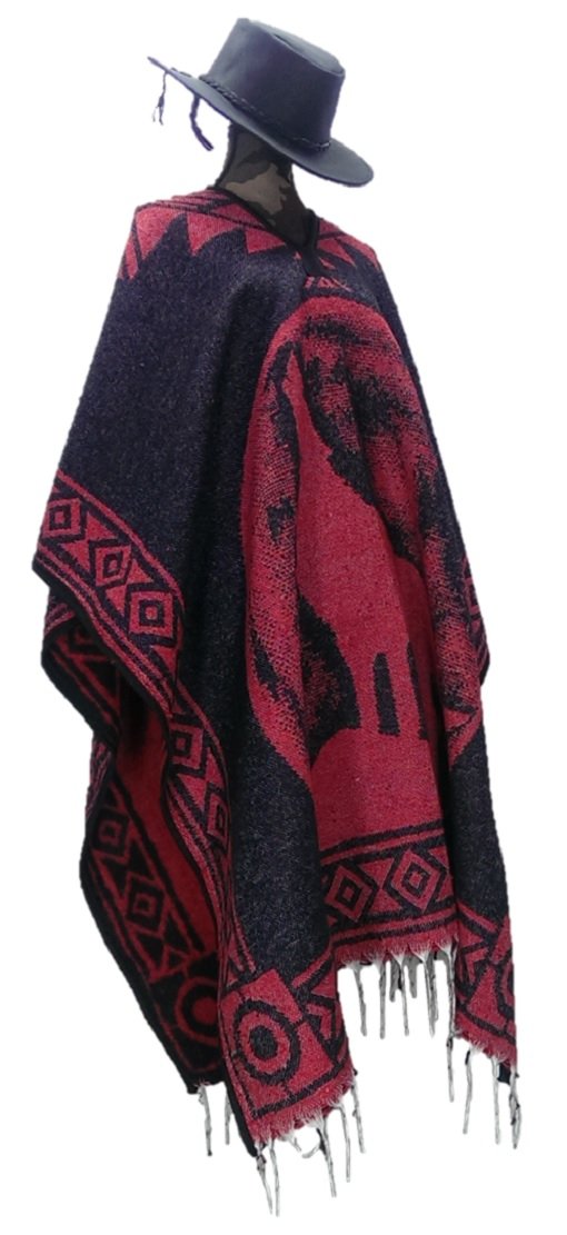 Sharpshooter red Full Moon Wolf poncho with hand-woven Southwest pattern for warmth