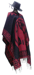 Sharpshooter red Full Moon Wolf poncho with hand-woven Southwest pattern for warmth