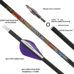 SHARROW 31-inch carbon arrow spine-300 with 6-2mm shaft for consistent flight.