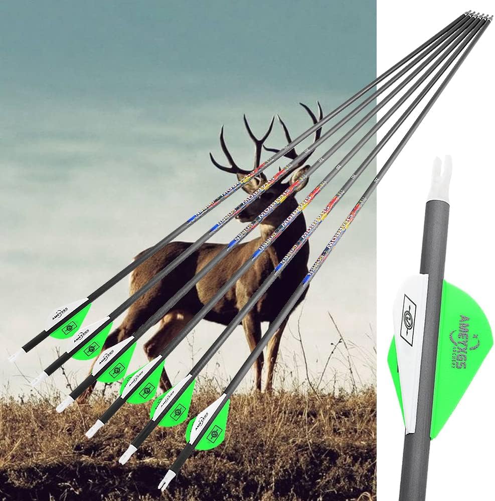 SHARROW 31 carbon arrows in green and white improve visibility on practice ranges.