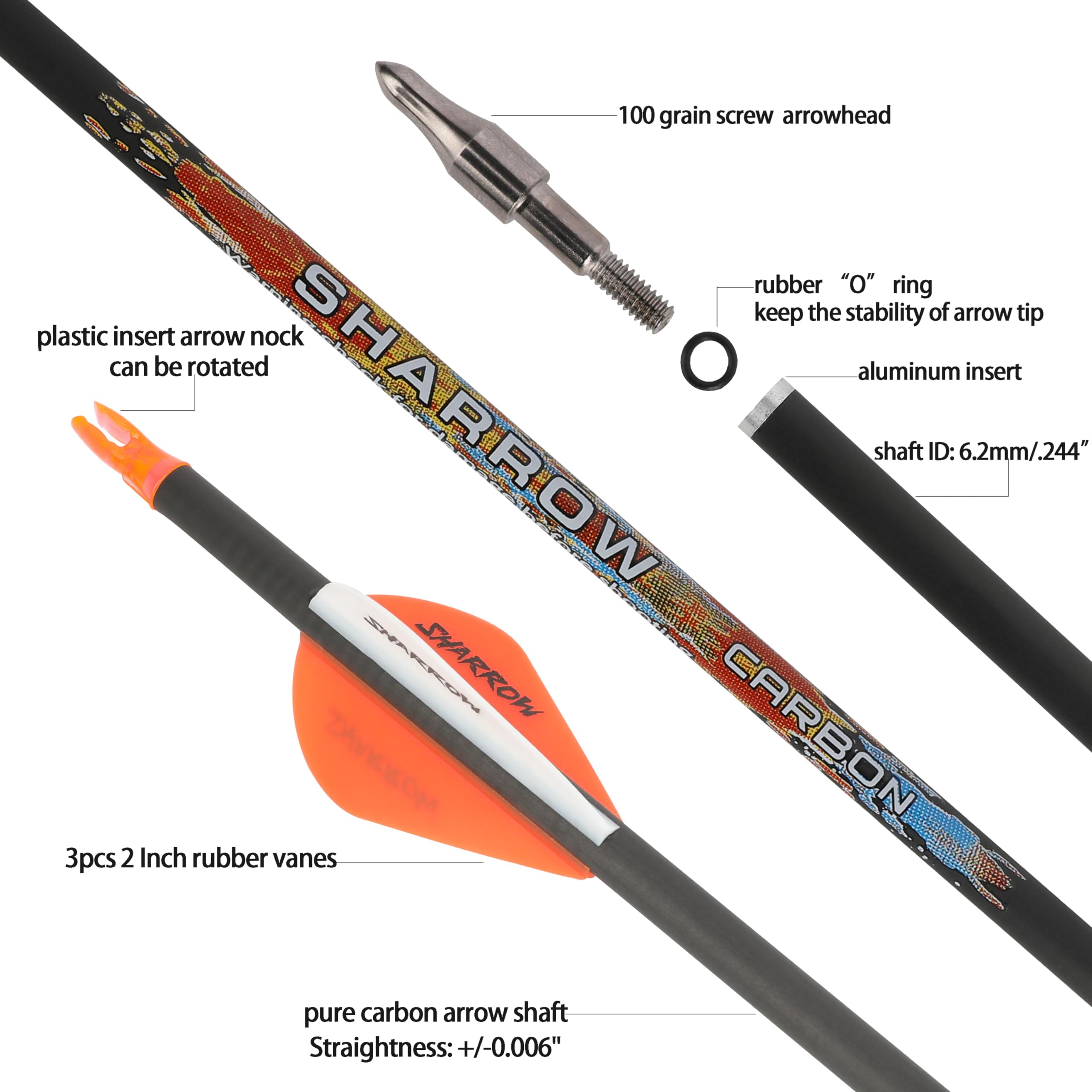 SHARROW arrow with rotatable nock for easy fit on recurve or compound bows.