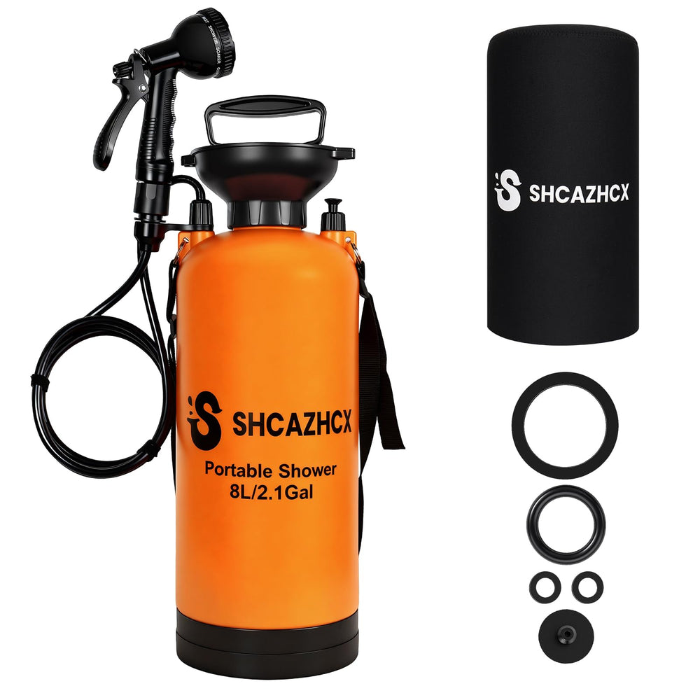 Shcazhcx portable shower in orange shows 10 spray modes for versatile outdoor cleaning.
