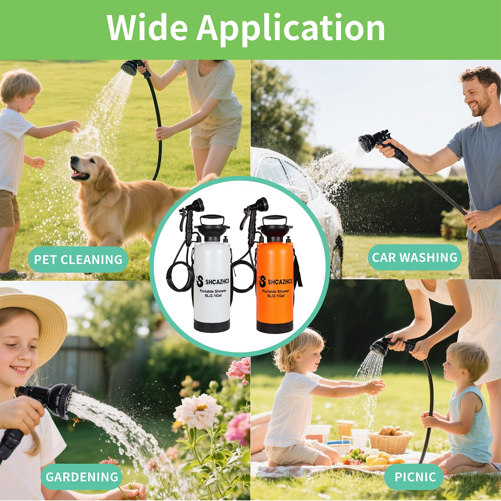 Shcazhcx orange portable shower offers a shoulder strap for hands-free carrying.