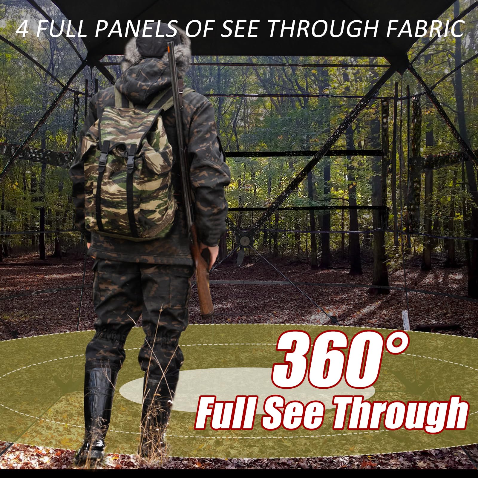 ShedOFF hunting chair and tri-leg stool setup inside the ground blind.