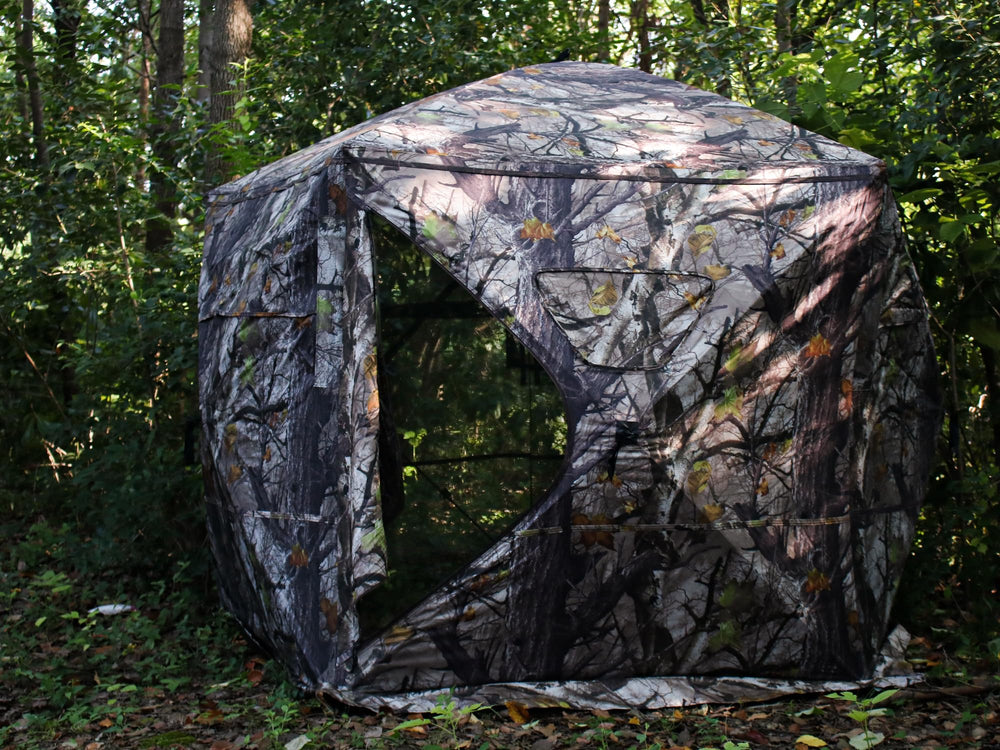 ShedOFF tri-leg stool pairs with blind for stable seating in the field.
