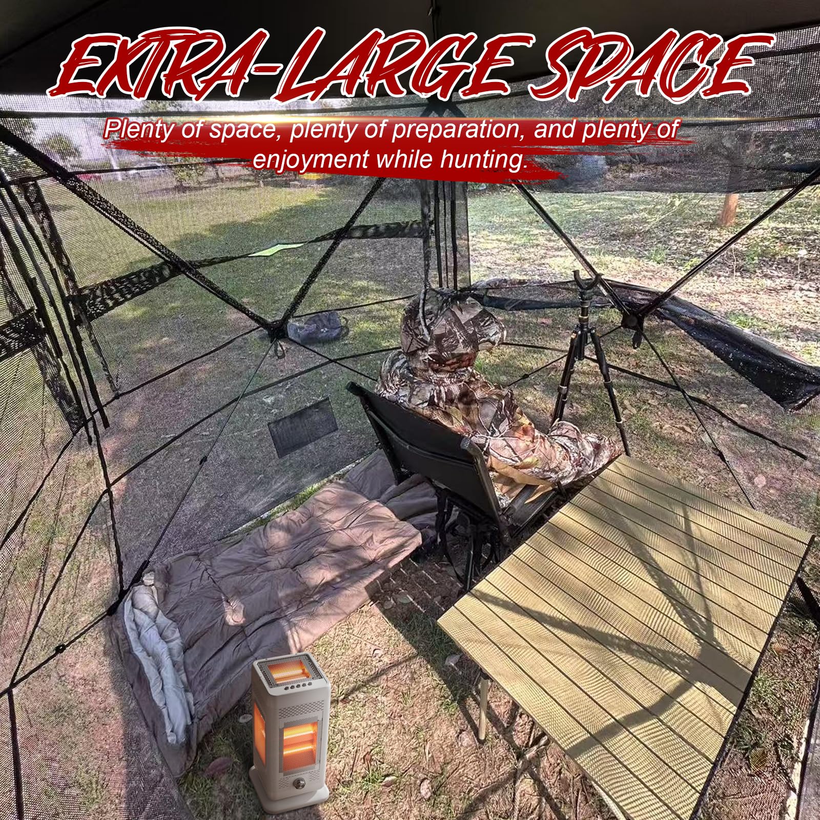 ShedOFF portable hunting chair next to the blind for easy seating.