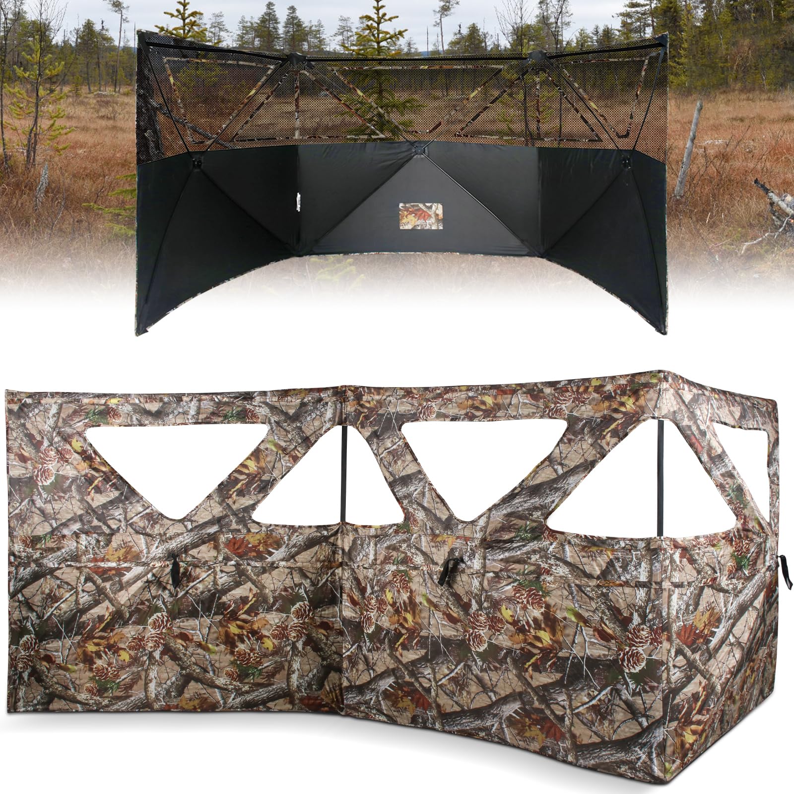ShedOFF See Through 3-Panel Hunting Blind front view shows wide visibility with concealment for deer hunting.